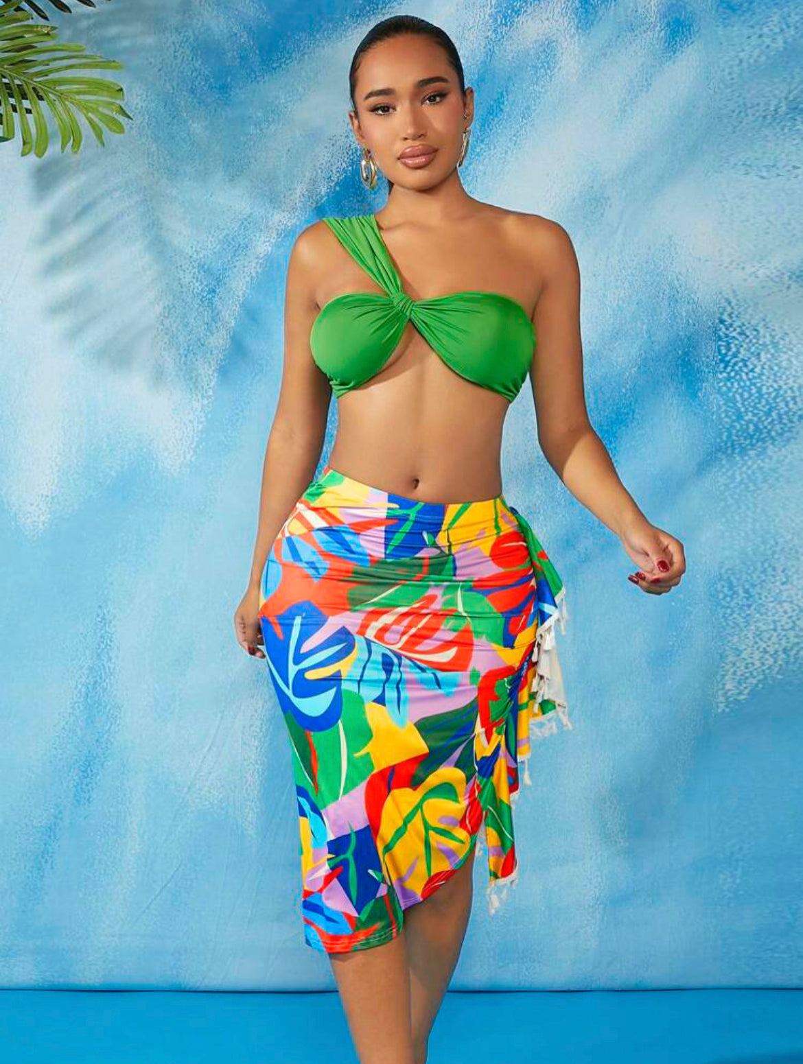 One Shoulder Crop Top & Tropical Skirt
